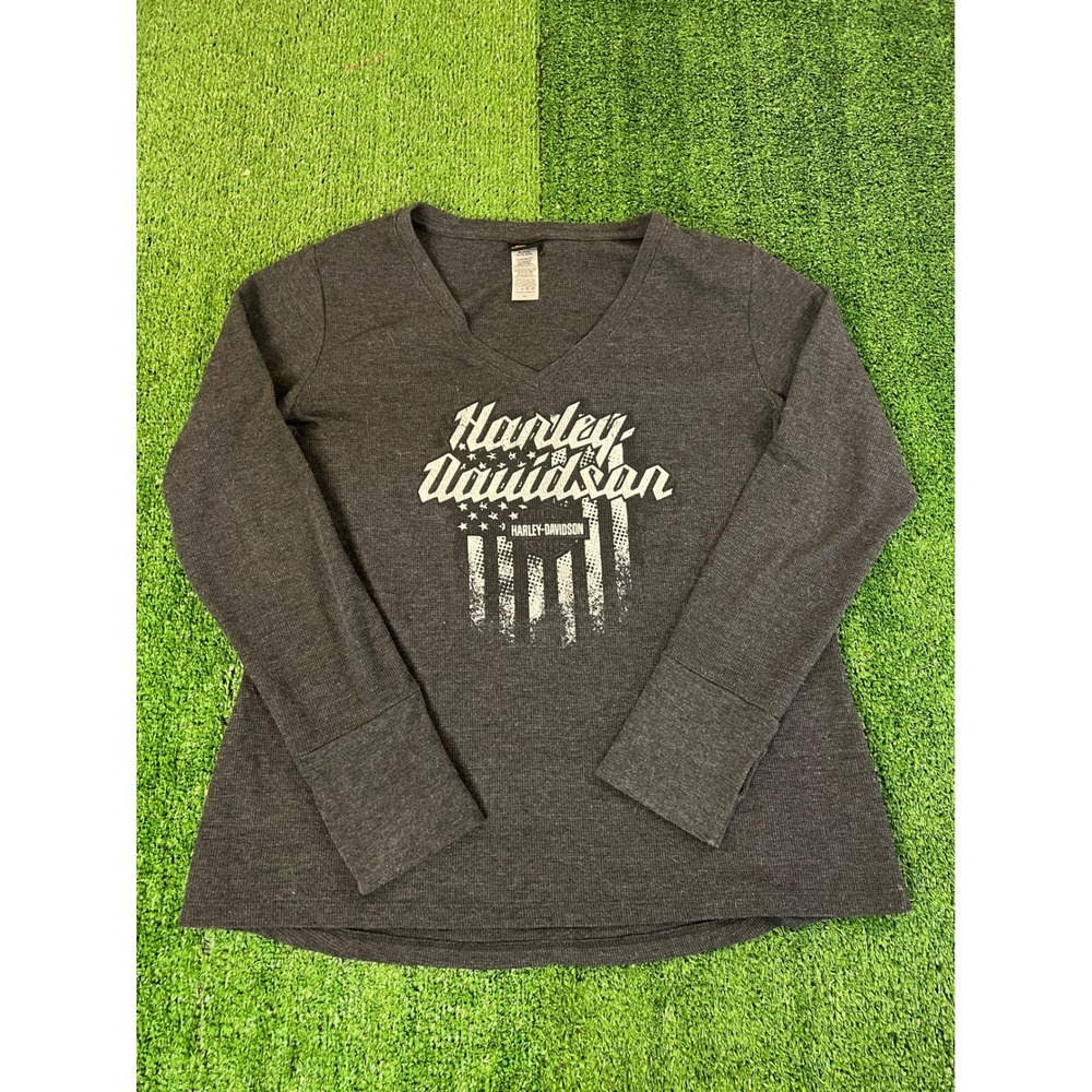 Harley-Davidson Womens XL Waffle Knit Thermal V-Neck‎ Long Sleeve Shirt Grey NY